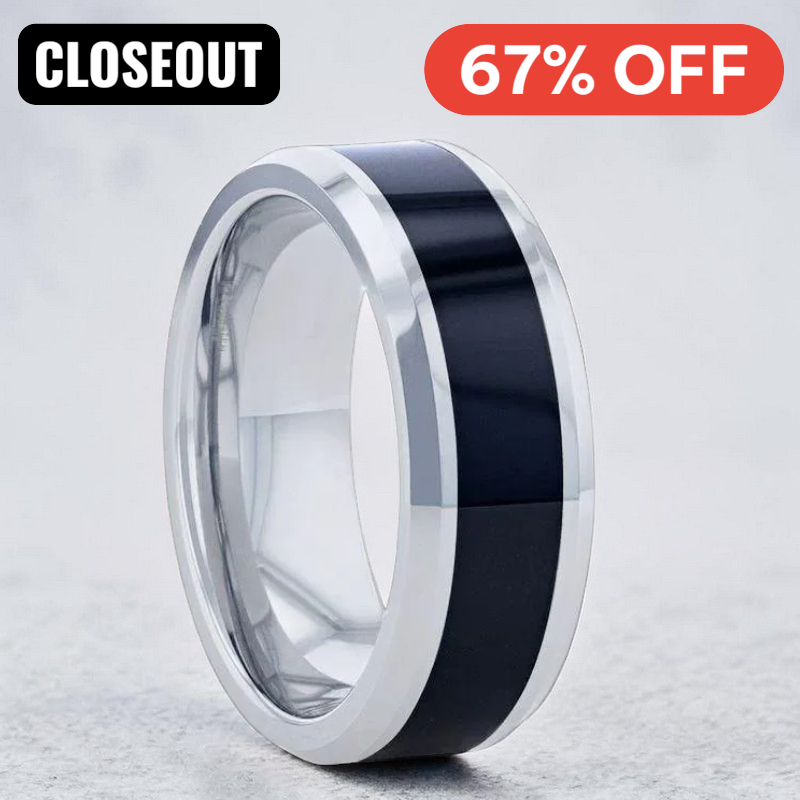 HAWK Tungsten Polished Beveled Black Ceramic Inlaid Wedding Ring - 8mm