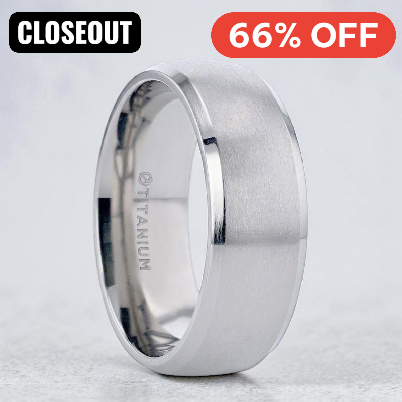 DUSTIN Titanium Chrome-Plated Domed Brushed Center Wedding Ring - Polished Beveled Comfort Fit - 8mm