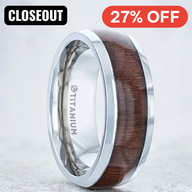 CARY Titanium Black Walnut Wood Inlaid Domed Wedding Ring - Polished Beveled Comfort Fit- 8mm