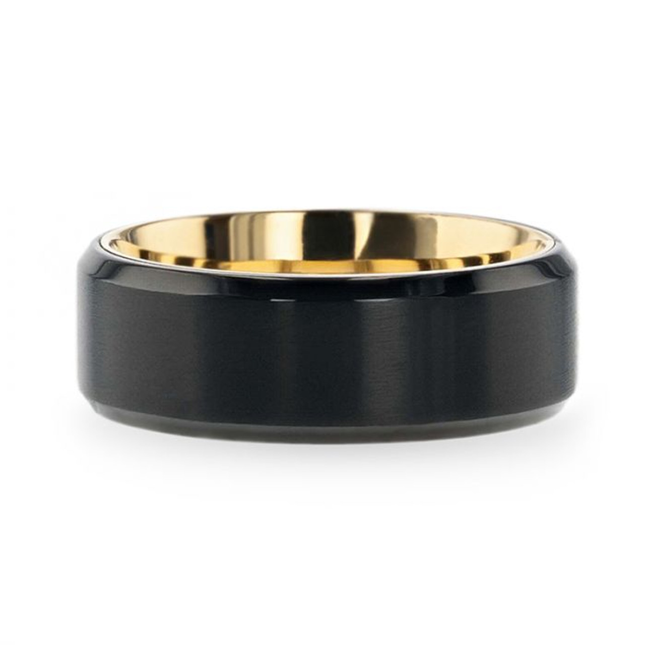 VELVET Black Titanium Flat Brushed Yellow Gold Plating Interior Wedding Ring - Polished Beveled Comfort Fit - 8mm