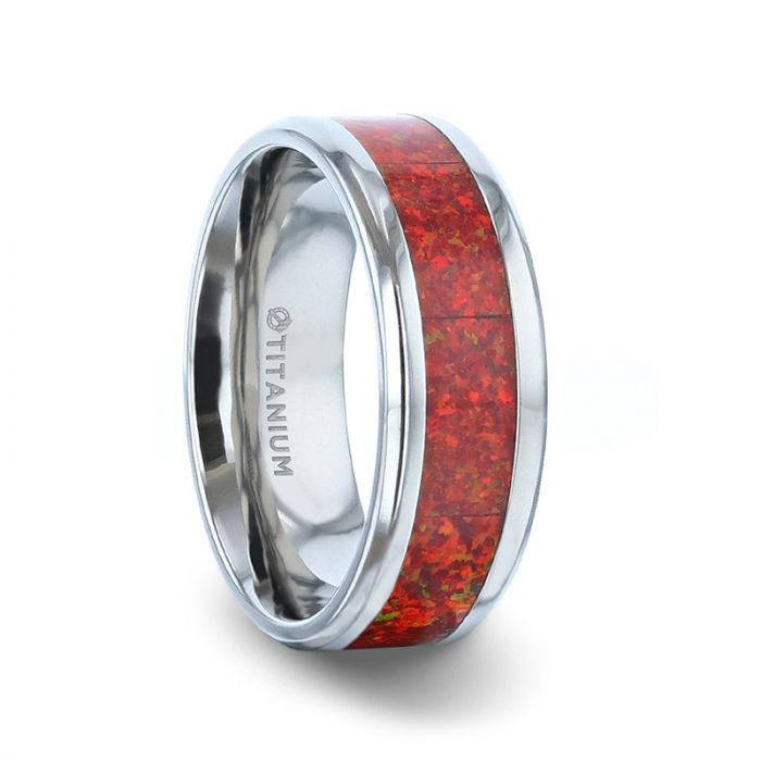 CASSIOPEIA Titanium Red Opal Inlay Wedding Ring - Beveled Comfort Fit - 8mm
