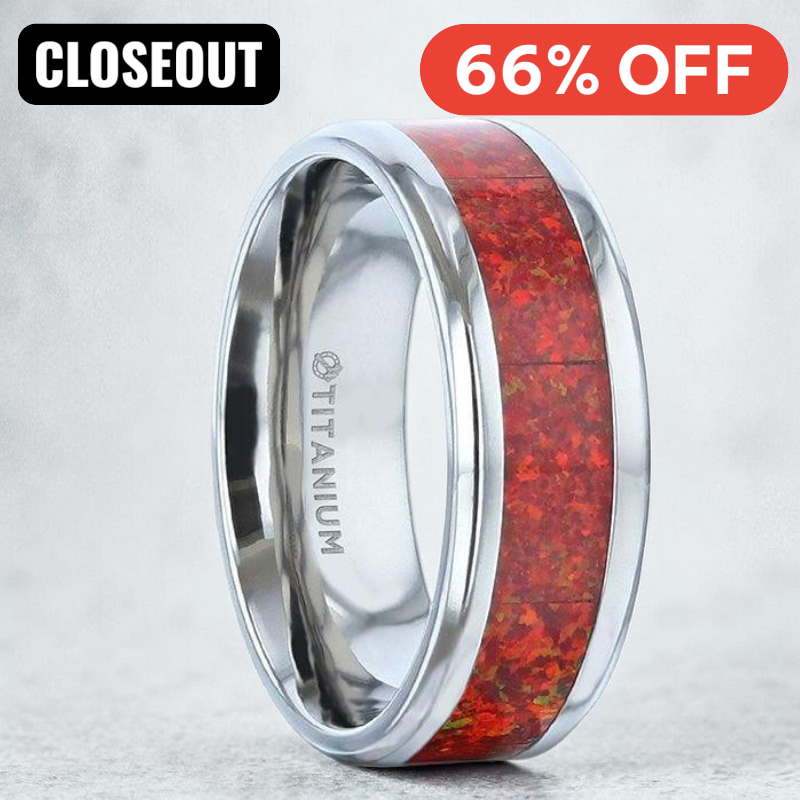CASSIOPEIA Titanium Red Opal Inlay Wedding Ring - Beveled Comfort Fit - 8mm