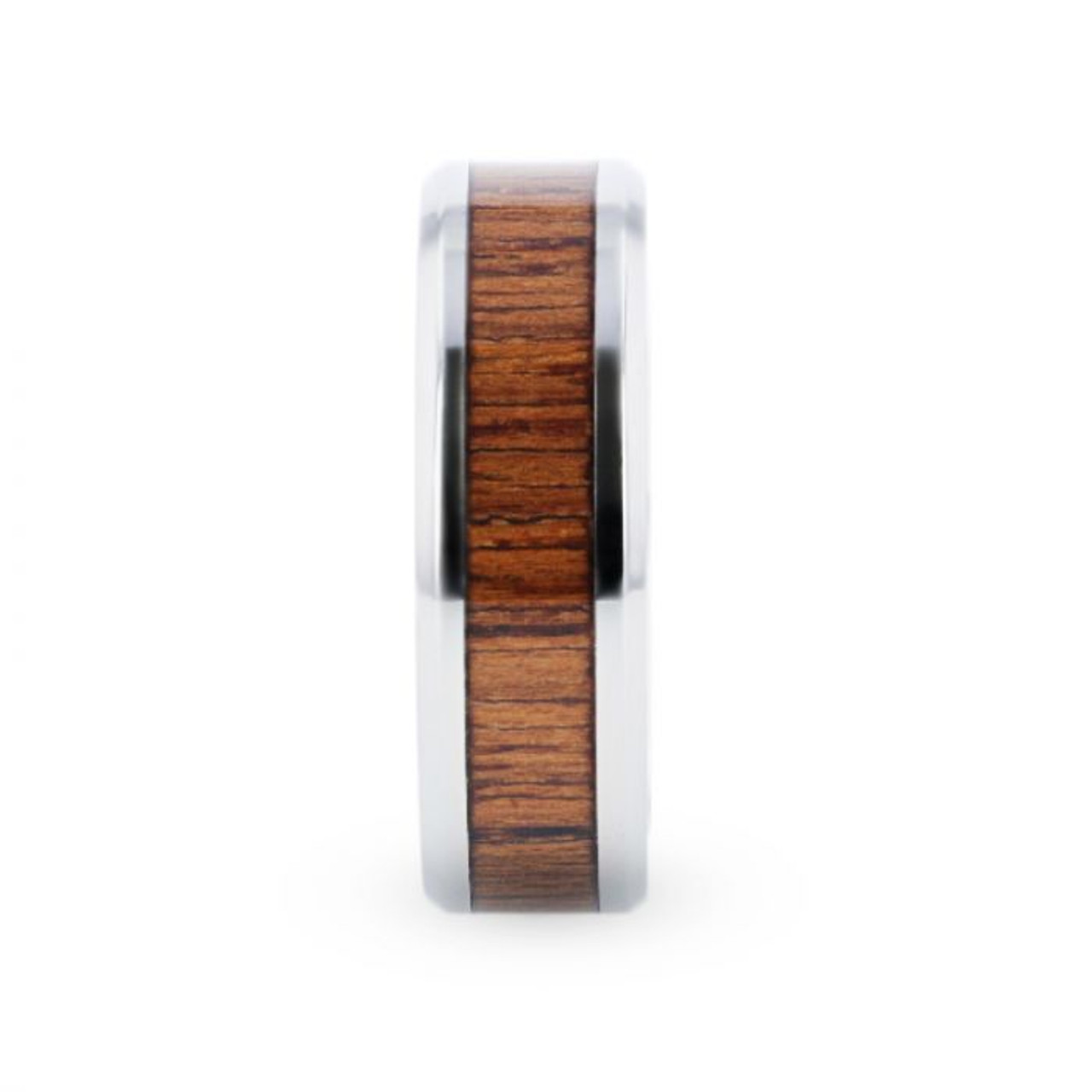 TECTON Titanium Teak Wood Inlaid Flat Wedding Ring - Polished Beveled Comfort Fit - 8mm