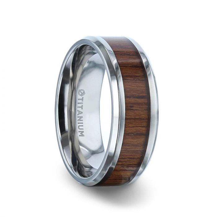 TECTON Titanium Teak Wood Inlaid Flat Wedding Ring - Polished Beveled Comfort Fit - 8mm