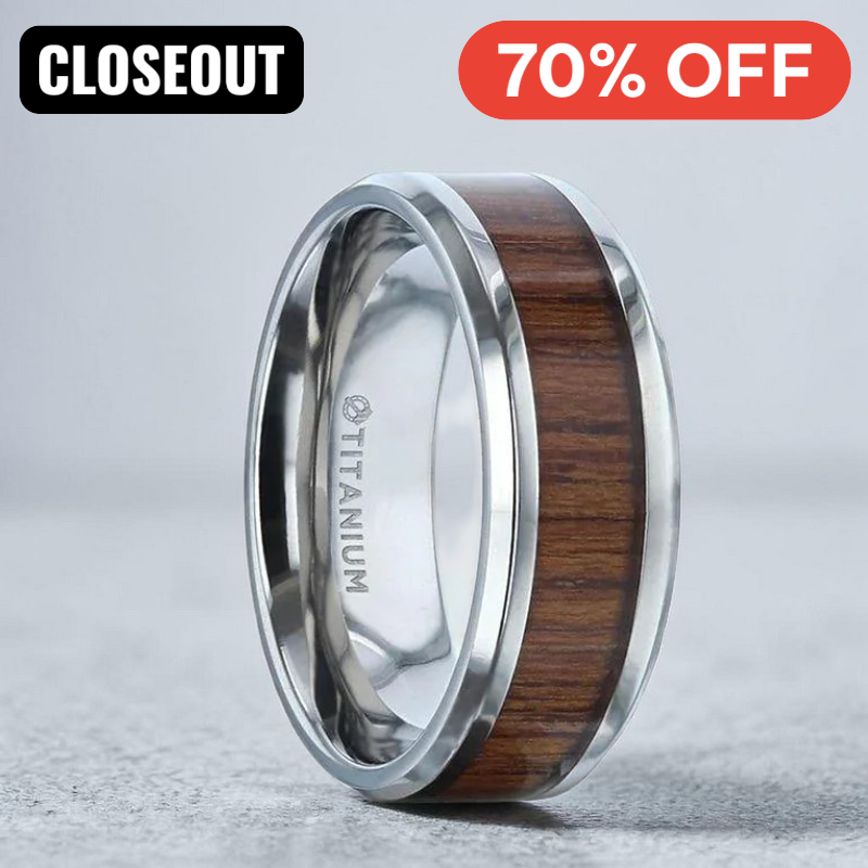 TECTON Titanium Teak Wood Inlaid Flat Wedding Ring - Polished Beveled Comfort Fit - 8mm