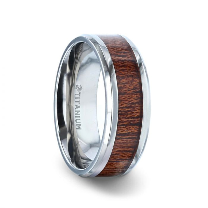 MELIA Titanium Mahogany Wood Inlaid Flat Wedding Ring - Polished Beveled Comfort Fit - 8mm