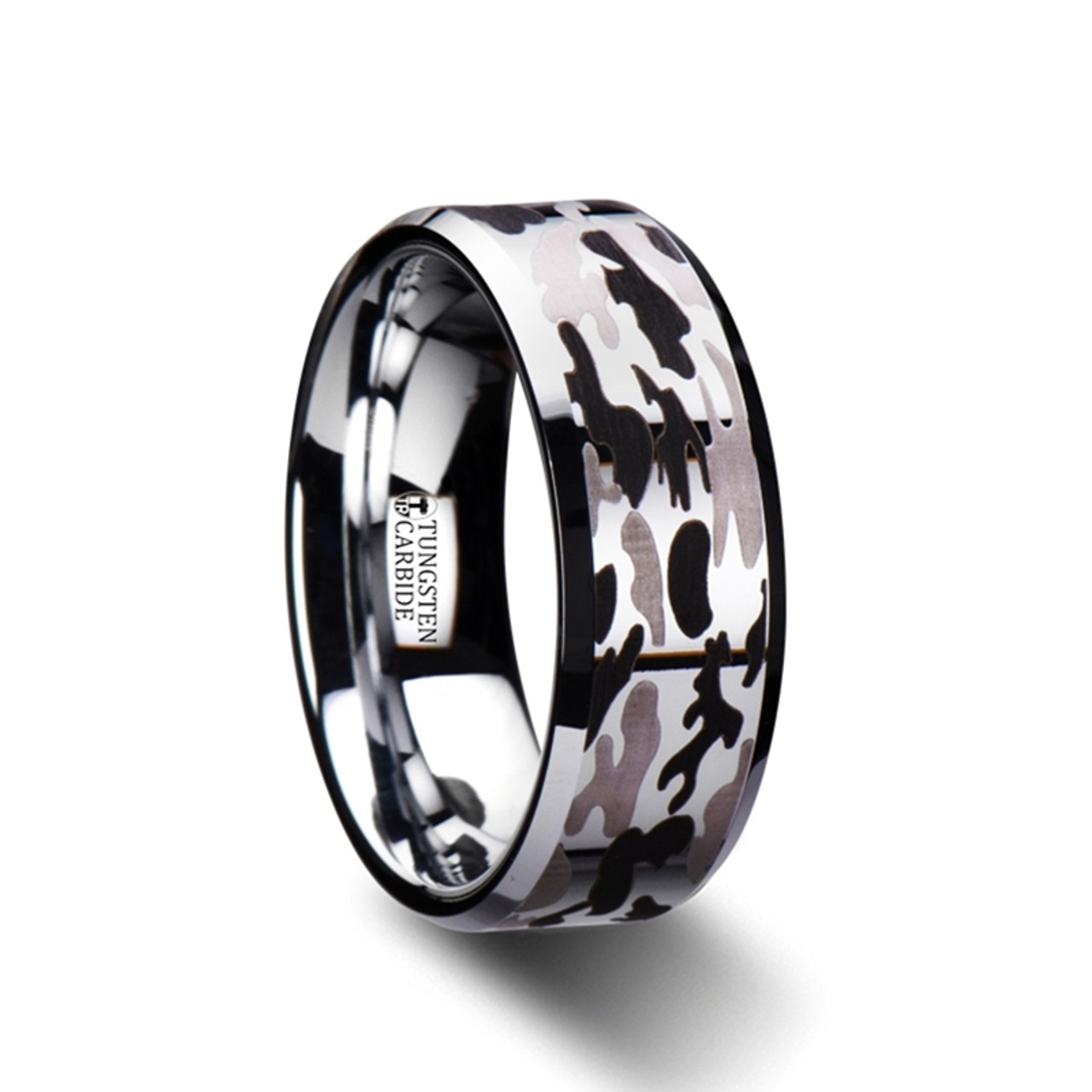 ARMISTICE Tungsten Carbide Black and Gray Camo Pattern Wedding Ring - Beveled Comfort Fit - 8mm