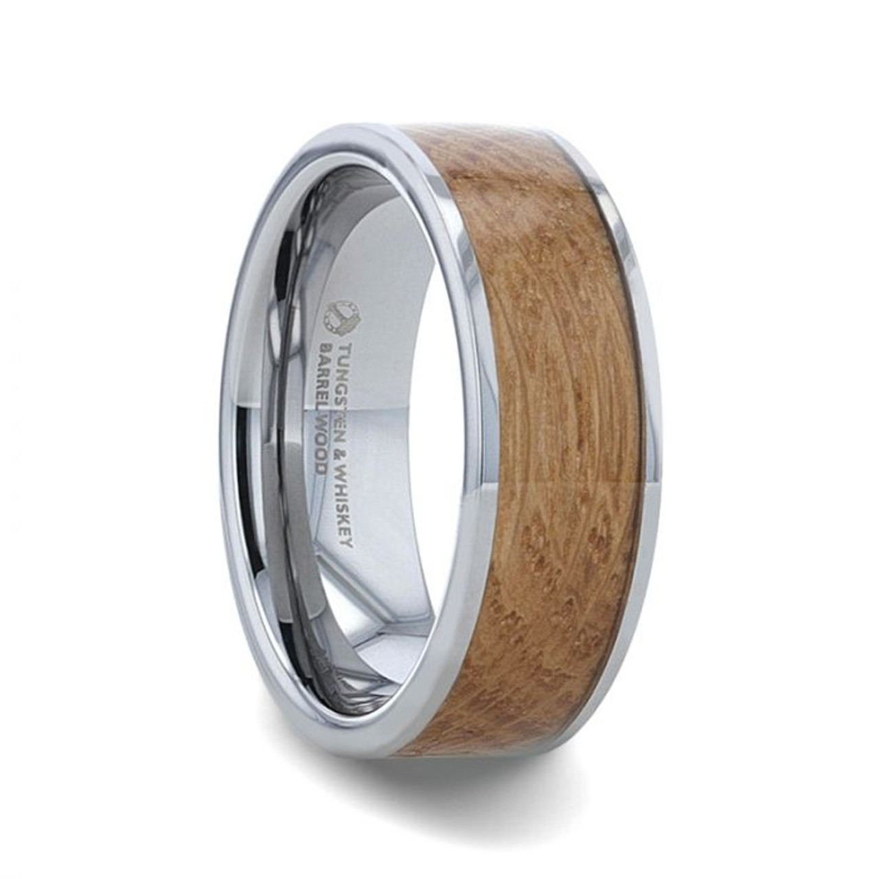 MALT Tungsten Whiskey Barrel Inlaid Flat Polished Edges Made from Genuine Whiskey Barrels Wedding Ring - 8mm