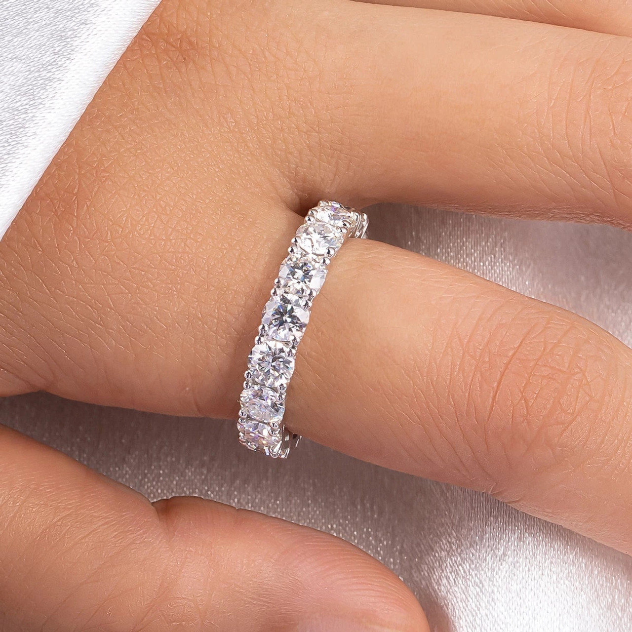 Eternity Band Ring 4mm Round Brilliant-cut GRA Lab Certified D/VVS1 Moissanite Prong Set 18K White Gold-plated Sterling Silver