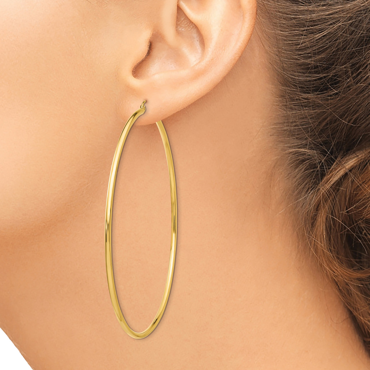 Gold Hoop Earrings 14K Yellow Gold Polished Lightweight Round Tube Hoop Earrings 2x75mm Thickness