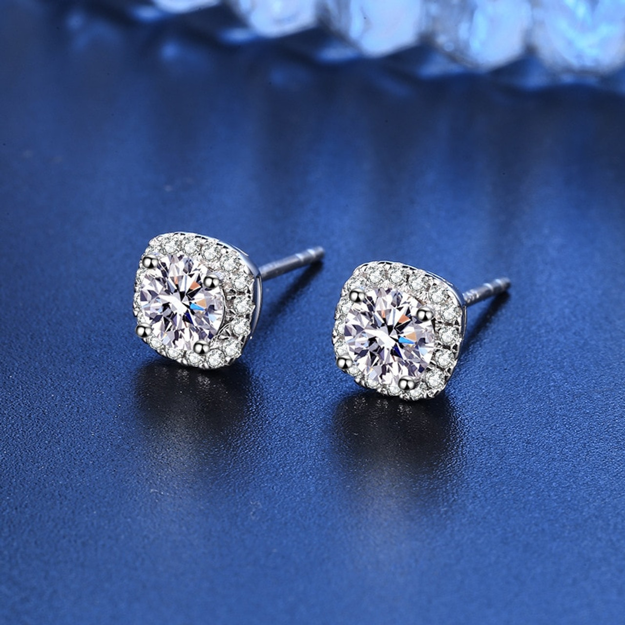 Women's 3/4ct Halo Blue Diamond Earring Jackets 14K White Gold (4.5-6mm)