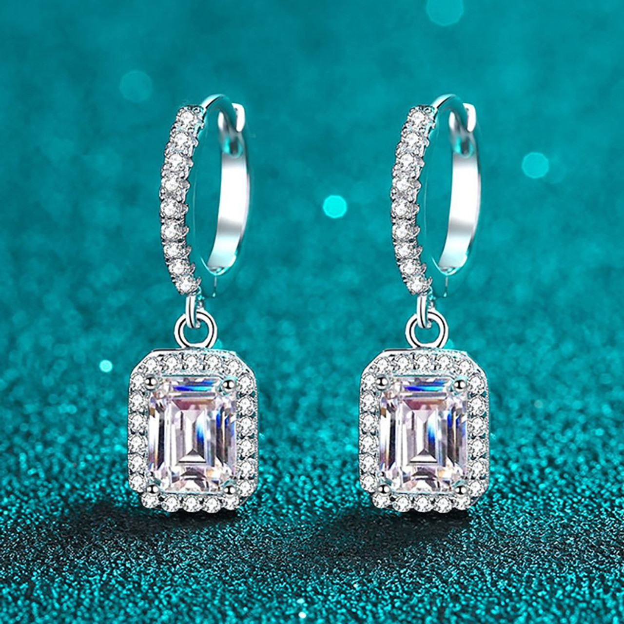 Emerald cut 2-Carat tw Dangle Earrings GRA Lab Certified D/VVS1 Moissanite  in Platinum-plated Sterling Silver