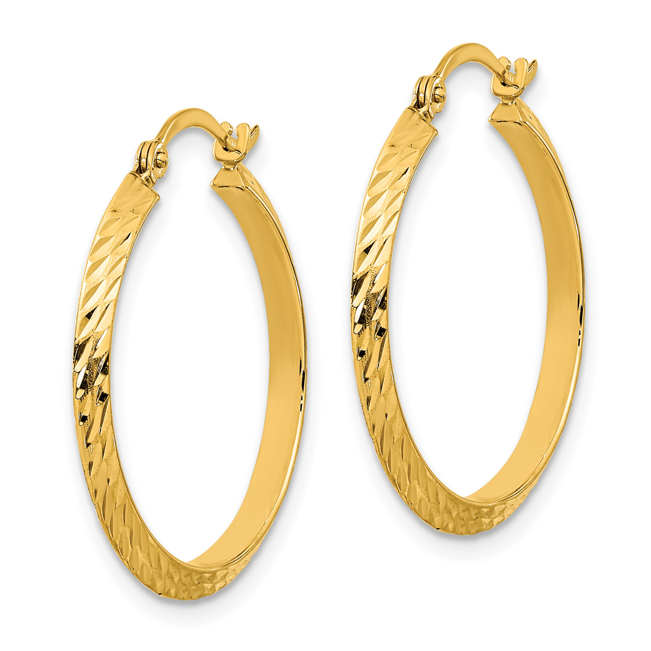 Gold Hoop Earrings 14K Yellow Gold Polished Diamond-Cut Hoop Earrings 2mm  Thickness