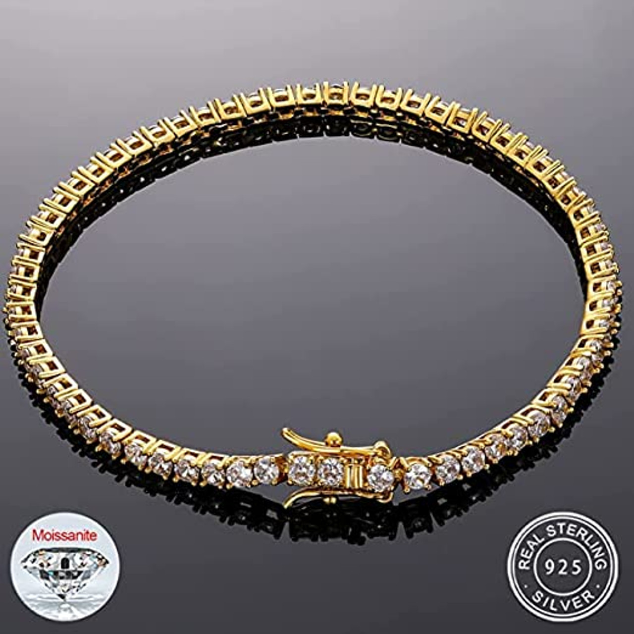 925 Sterling Silver 6mm Round Cut Tennis Bracelet, Yellow Gold