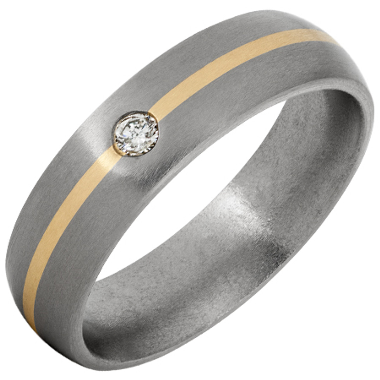 Titanium-Dome-Shape-Comfort-Fit-with-14K-Yellow-Gold-Center-Inlay-and-Single-6-point-Diamond-with-Satin-Finish-Wedding-Band-Full-View