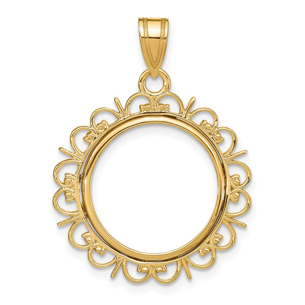 Wideband Distinguished Gold Coin Bezel Pendant Mounting - 16.5 - 32.7Coin Size in mm - 10K Yellow Gold - Polished Fancy - Prong Set with Bail