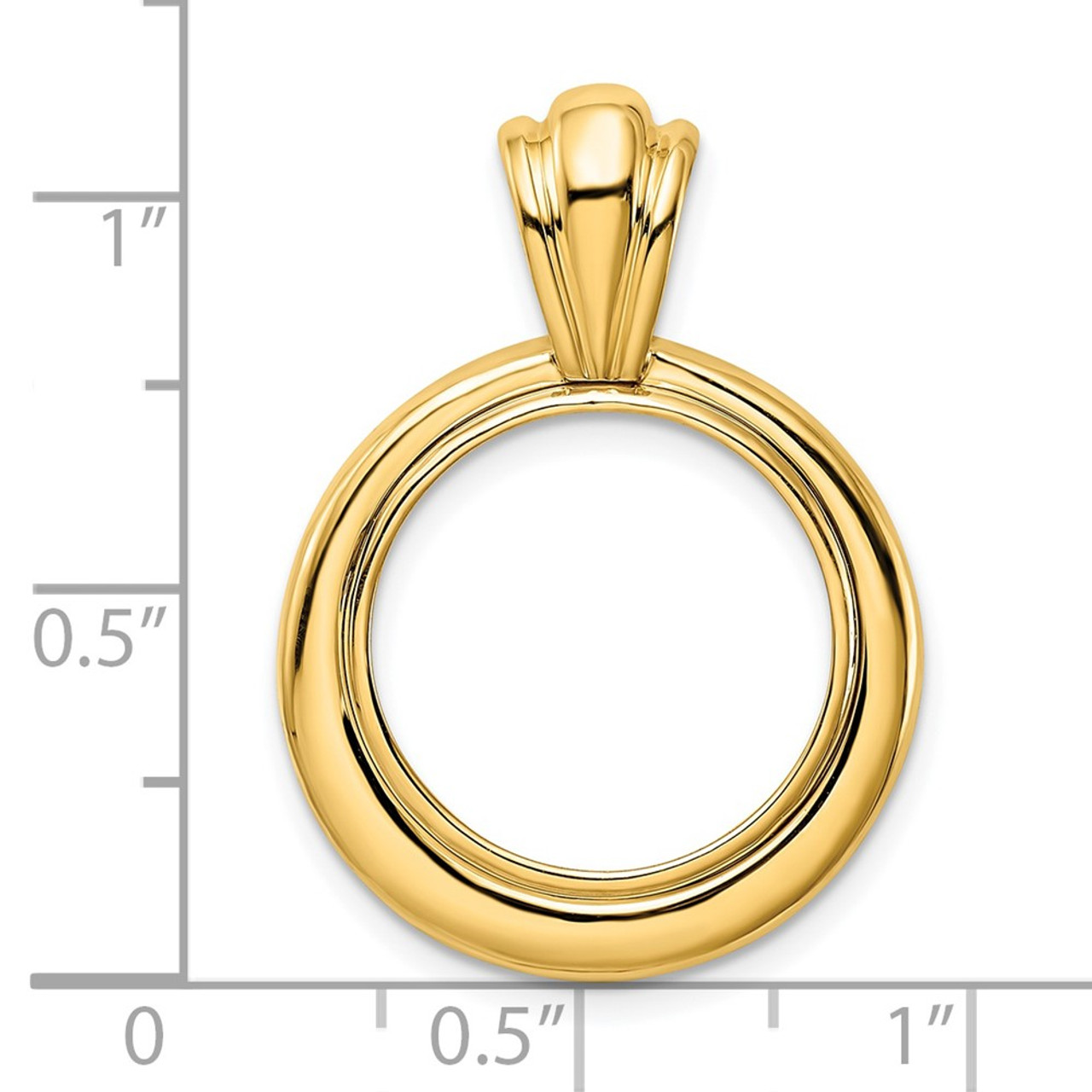 Wideband Distinguished Gold Coin Bezel Pendant Mounting - 16.5mm - 34.2mm Coin Size - 14K Yellow Gold - Polished Concentric Circle - Prong Set with Bail