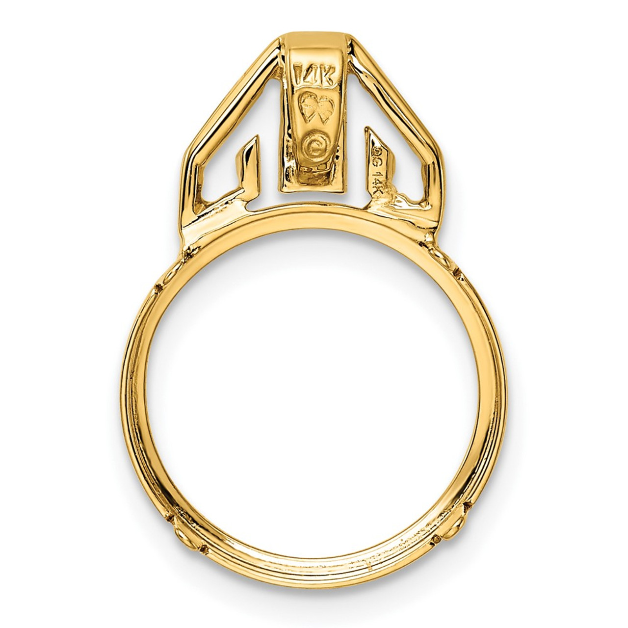 Wideband Distinguished Gold Coin Bezel Pendant Mounting - 14mm - 18mm Coin Size - 14K Yellow Gold - Polished Geometric Motif - Prong Set with Bail