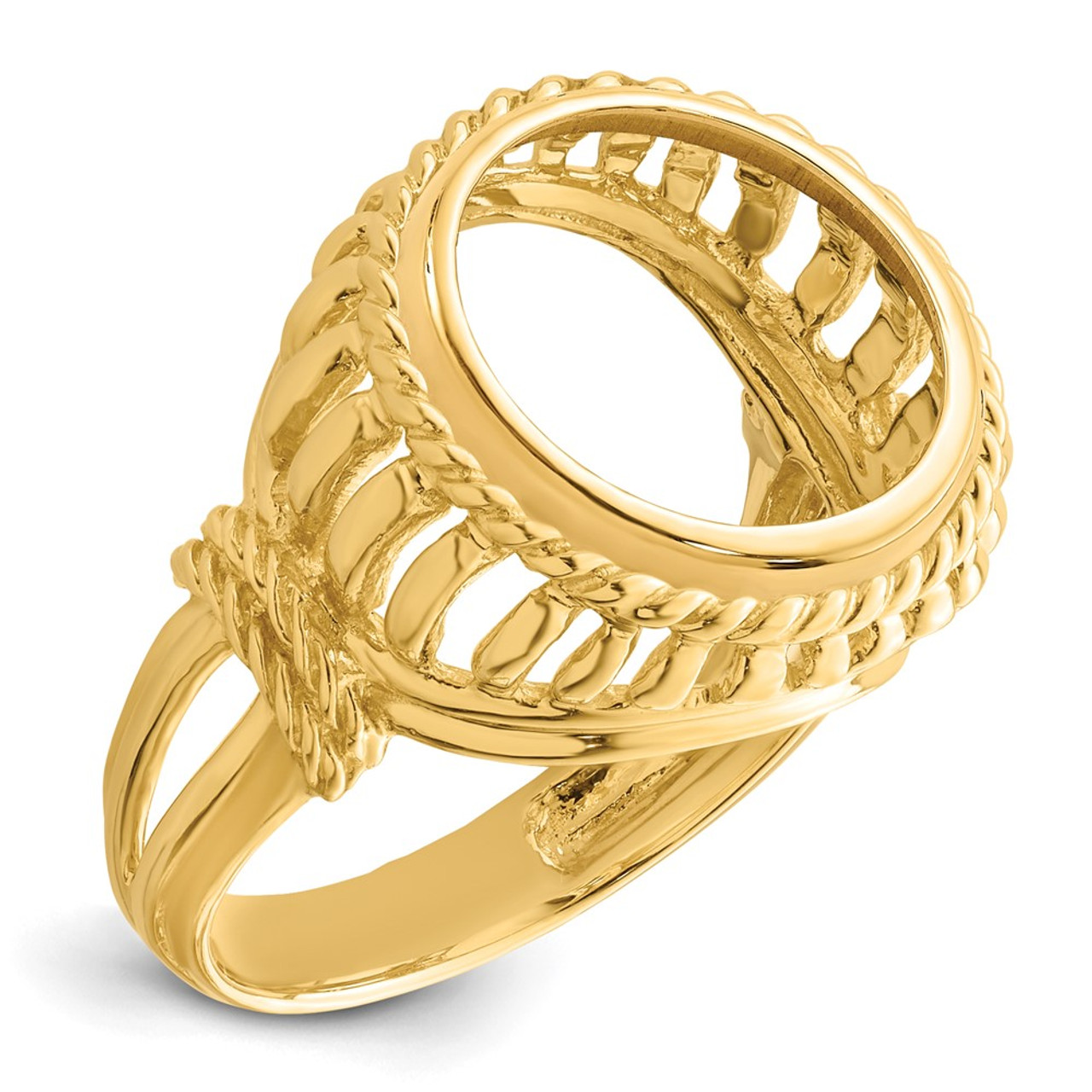 Wideband Distinguished Gold Coin Bezel Ring - 13mm - 22mm Coin Size in mm - 14K Yellow Gold - Ladies' Polished Wire with Twisted Rope - Coin Bezel Ring