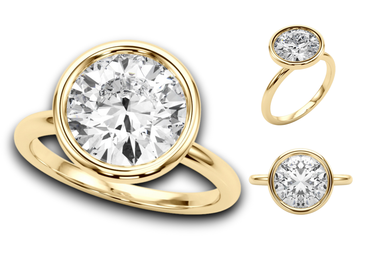 Roy Rose 18K Yellow Gold 3 Carat Round Diamond Solitaire Bezel Set Engagement Ring - Modern Minimalist Bridal Setting - Secure Bezel Design With Ring Size 4 - 10