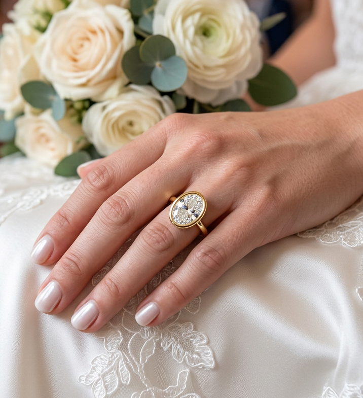 Roy Rose Jewelry 14K White Gold 3 Carat Oval Diamond Solitaire Bezel Set Engagement Ring - Modern Minimalist Bridal Setting - Secure Bezel Design With Ring Size 4 - 10