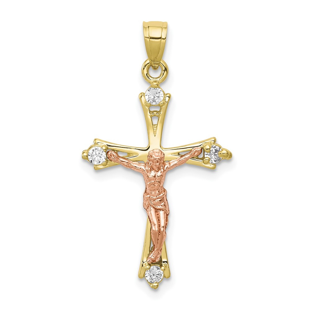 10K Two-tone Gold CZ Crucifix Pendant - (A81-758) - Roy Rose Jewelry