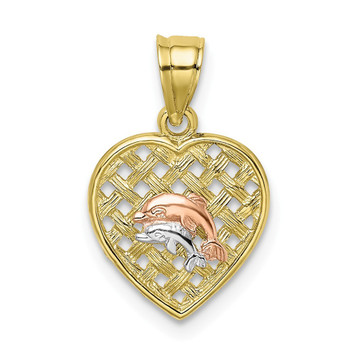 10K Tri-color Gold Double Dolphins On Woven Heart Charm Pendant - (A89-366) 10K Tri-color Gold Double Dolphins On Woven Heart Charm Pendant - (A89-366)