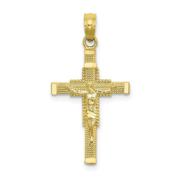 10K Yellow Gold Beaded Accent With Cross Behind Crucifix Charm Pendant - (A89-358) 10K Yellow Gold Beaded Accent With Cross Behind Crucifix Charm Pendant - (A89-358)
