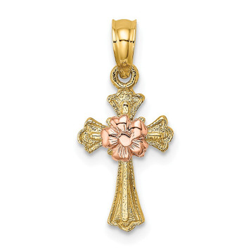 14K Two-Tone Gold Cross With Small Flower Charm Pendant - (A93-550) 14K Two-Tone Gold Cross With Small Flower Charm Pendant - (A93-550)