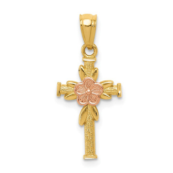 14k Yellow & Rose Gold Polished Diamond-cut Cross Flower Pendant - (A86-153)