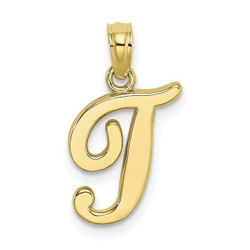 10K Yellow Gold Polished T Script Initial Charm Pendant - (A88-773)