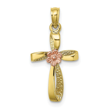 10K Two-tone Gold Twisted Cross With Heart Charm Pendant - (A89-119) 10K Two-tone Gold Twisted Cross With Heart Charm Pendant - (A89-119)