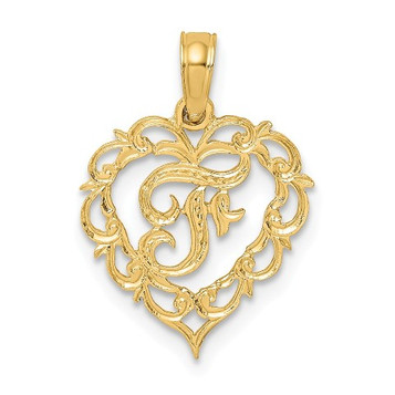 14K Yellow Gold F Script Initial In Heart Charm Pendant - (A90-674) 14K Yellow Gold F Script Initial In Heart Charm Pendant - (A90-674)