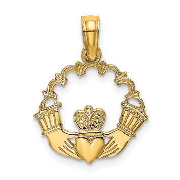 14K Yellow Gold Engraved Claddagh In Scallop Circle Charm Pendant - (A92-211) 14K Yellow Gold Engraved Claddagh In Scallop Circle Charm Pendant - (A92-211)