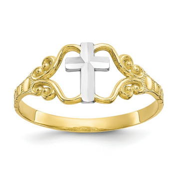 10K Yellow Gold & Rhodium Polished Cross Ring - Size 6 - (B32-681)