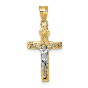 14K Two-tone Gold Diamond-cut Small Block Lattice Cross w/Crucifix Pendant - (A83-835) 14K Two-tone Gold Diamond-cut Small Block Lattice Cross w/Crucifix Pendant - (A83-835)