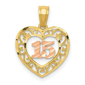 14K Yellow Gold Two-tone Diamond-cut 15 Pendant - (A85-942)