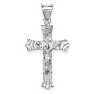 Crucifix Pendant with Textured Ray Pattern Cross and Budded Ends - 14K White Gold - (A86-185) Crucifix Pendant with Textured Ray Pattern Cross and Budded Ends - 14K White Gold - (A86-185)