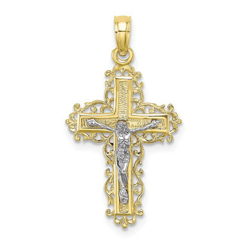 10K Two-tone Gold Textured With Lace Trim Crucifix Charm Pendant - (A88-931) 10K Two-tone Gold Textured With Lace Trim Crucifix Charm Pendant - (A88-931)