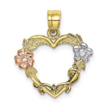 10K Tri-color Gold Flower In Heart Charm Pendant - (A89-107) 10K Tri-color Gold Flower In Heart Charm Pendant - (A89-107)