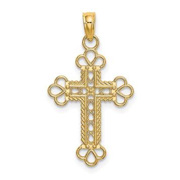 14K Yellow Gold Textured & Cutout With Rope Frame Block Cross Charm Pendant - (A93-389) 14K Yellow Gold Textured & Cutout With Rope Frame Block Cross Charm Pendant - (A93-389)