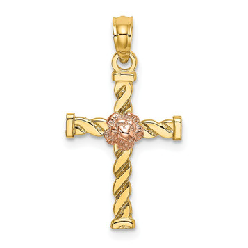 14K Two-Tone Gold Twisted Cross With Flower Charm Pendant - (A93-692) 14K Two-Tone Gold Twisted Cross With Flower Charm Pendant - (A93-692)