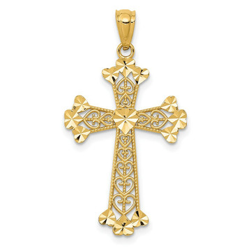 14K Yellow Gold Diamond-cut Polished Filigree Hearts Cross Pendant - (A86-243) 14K Yellow Gold Diamond-cut Polished Filigree Hearts Cross Pendant - (A86-243)