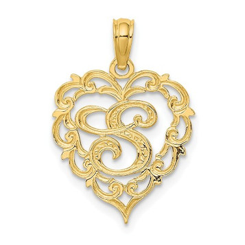 14K Yellow Gold S Script Initial In Heart Charm Pendant - (A90-488)