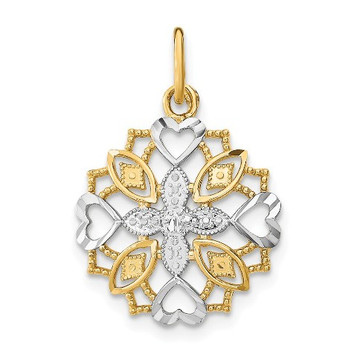 14K Yellow Gold with White Rhodium Center Flower with Heart Charm Pendant - (A94-291) 14K Yellow Gold with White Rhodium Center Flower with Heart Charm Pendant - (A94-291)