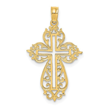 14K Yellow Gold Cut-Out Scroll Framed Cross Charm Pendant - (A92-536) 14K Yellow Gold Cut-Out Scroll Framed Cross Charm Pendant - (A92-536)