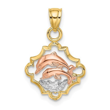 14K Tri-Color Gold Double Dolphins In Frame Charm Pendant - (A93-595)
