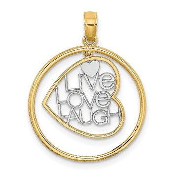 14K Yellow Gold with White Rhodium Live Love Laugh In Heart Dangling In Round Frame Charm Pendant - (A93-838)