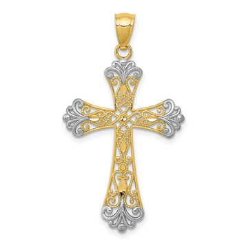 14K Yellow Gold Two-tone Diamond-cut Cross Pendant 38mm length - (A86-859)