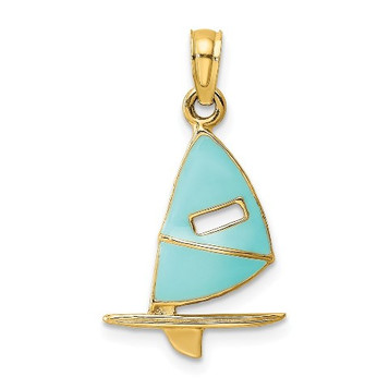 14K Yellow Gold Aqua Enameled Windsail Surf Board Charm Pendant - (A91-345) 14K Yellow Gold Aqua Enameled Windsail Surf Board Charm Pendant - (A91-345)
